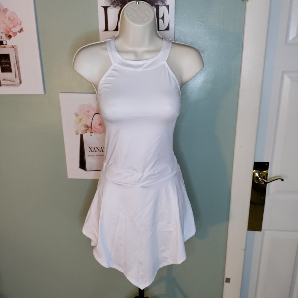 White Romper With Built In Skirt  Round Neck, Sleeveless, Zipper, Back Cutout